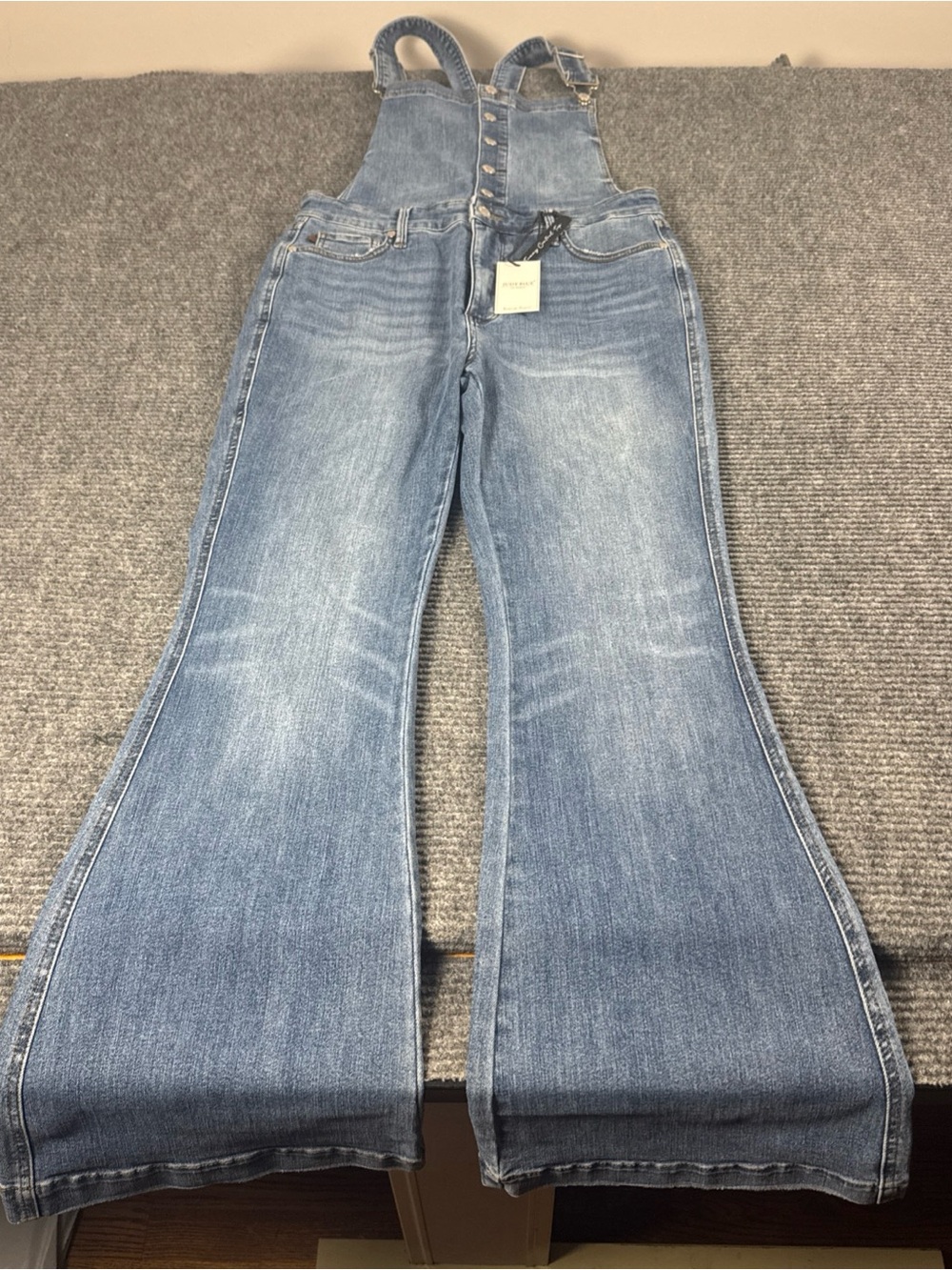 Judy Blue Flare Med Denim Overalls Womens XL Button Front Tummy Control Bibs NWT
